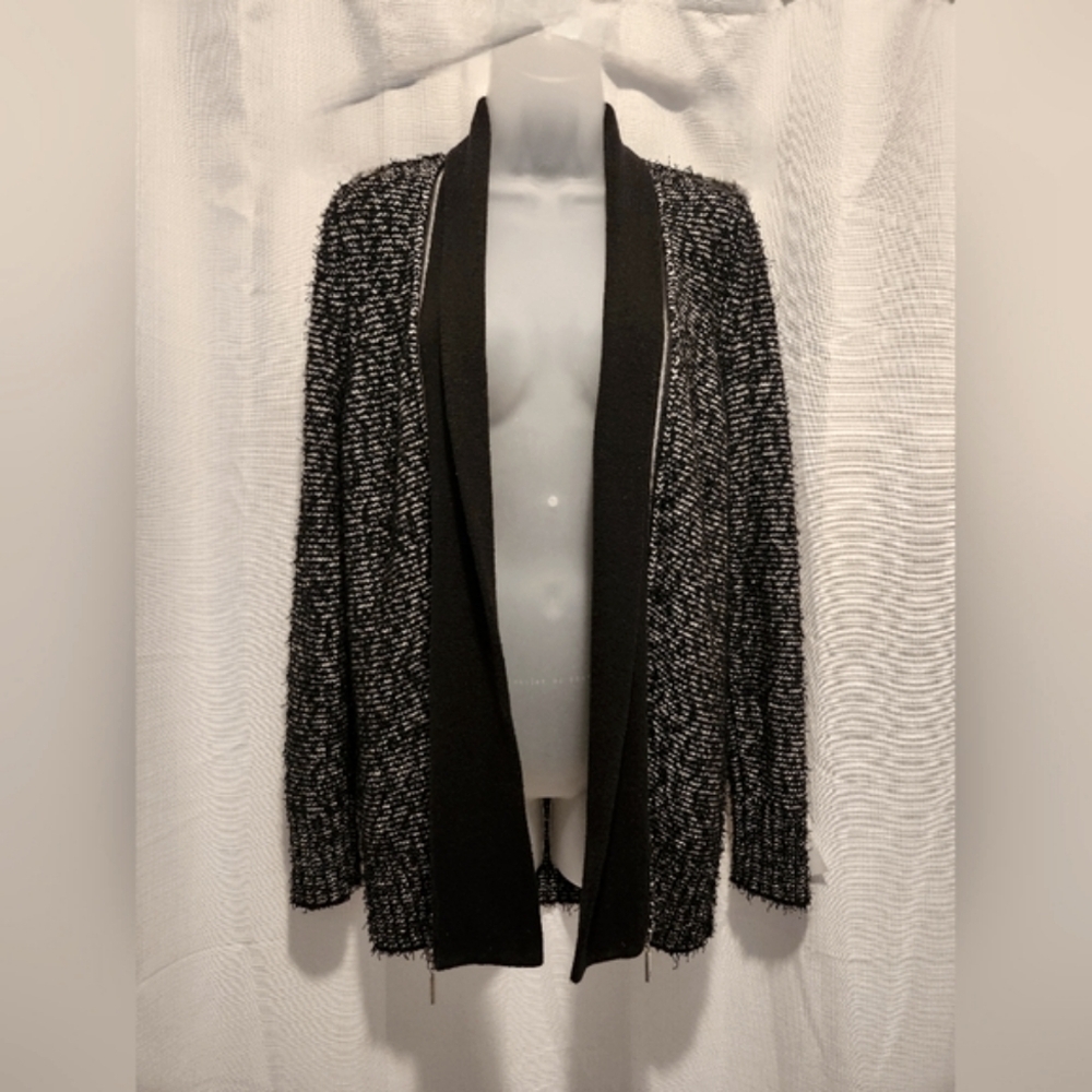 Ivanka Trump Black Zipper Detail Open Fringe Knit Cardigan Size M Fall Winter - Picture 2 of 9